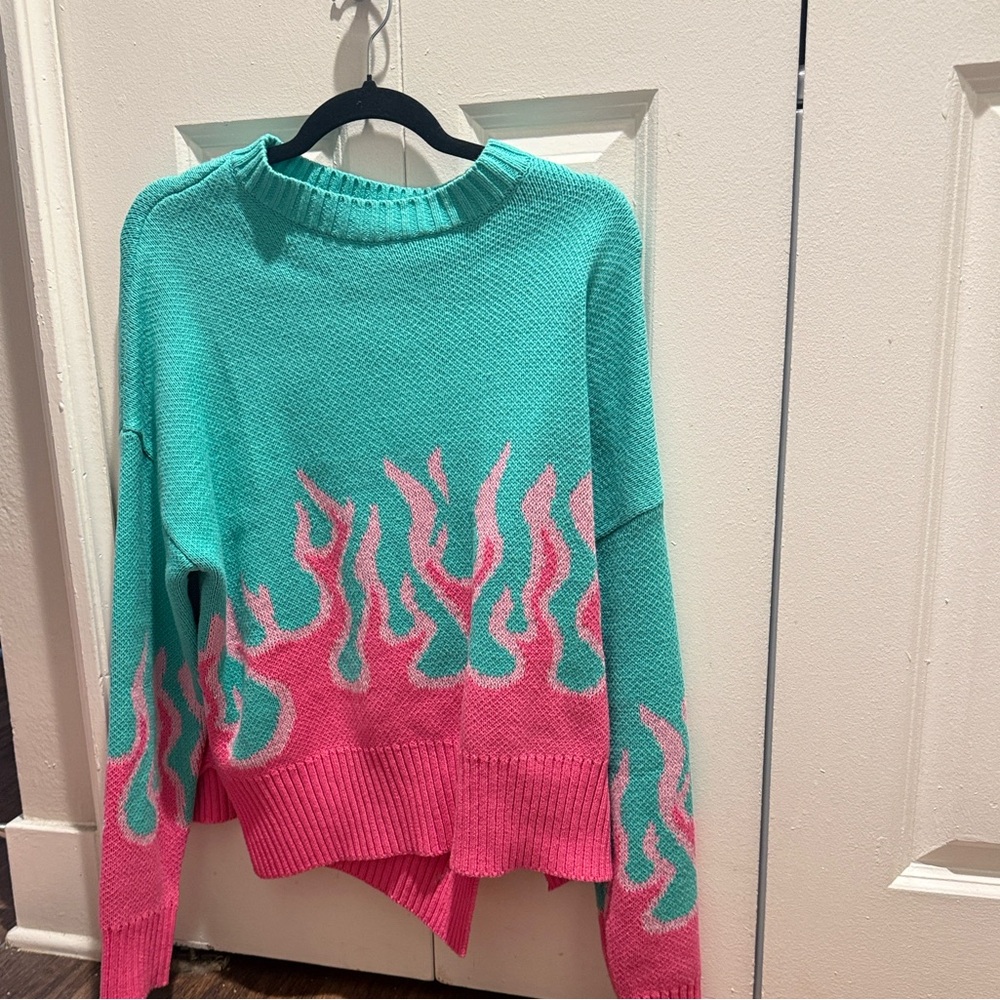 Revolve Beach Riot Turquoise and Pink Flame Sweater